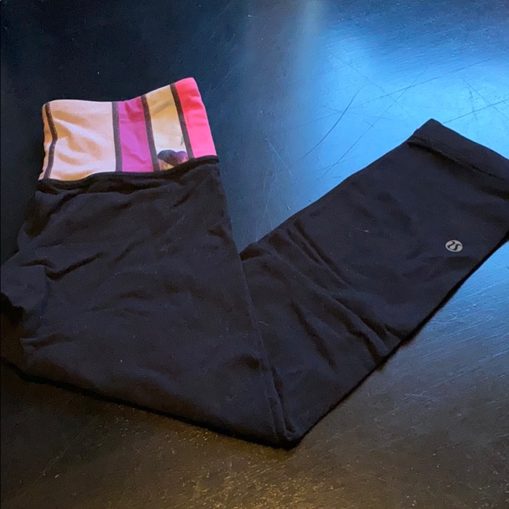 lululemon athletica Black Leggings with Pink and Yellow Striped Waistband